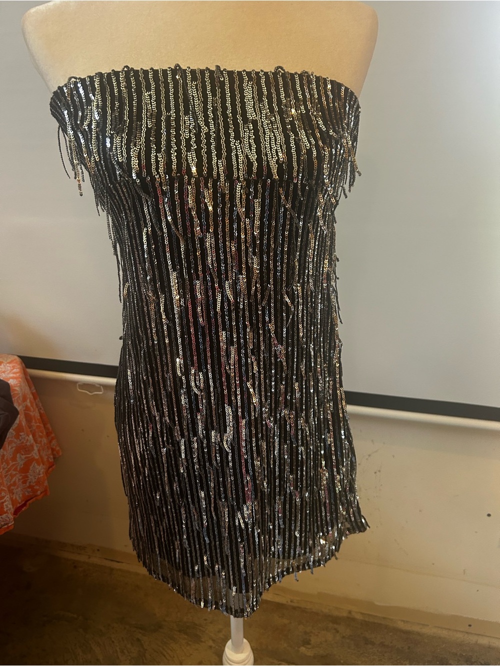 silence + noise Black Strapless Sequin Fringe Mini Dress